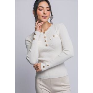 1147 • Ivory Long Sleeve Viscose Blend Knit Top w/Gold Buttons